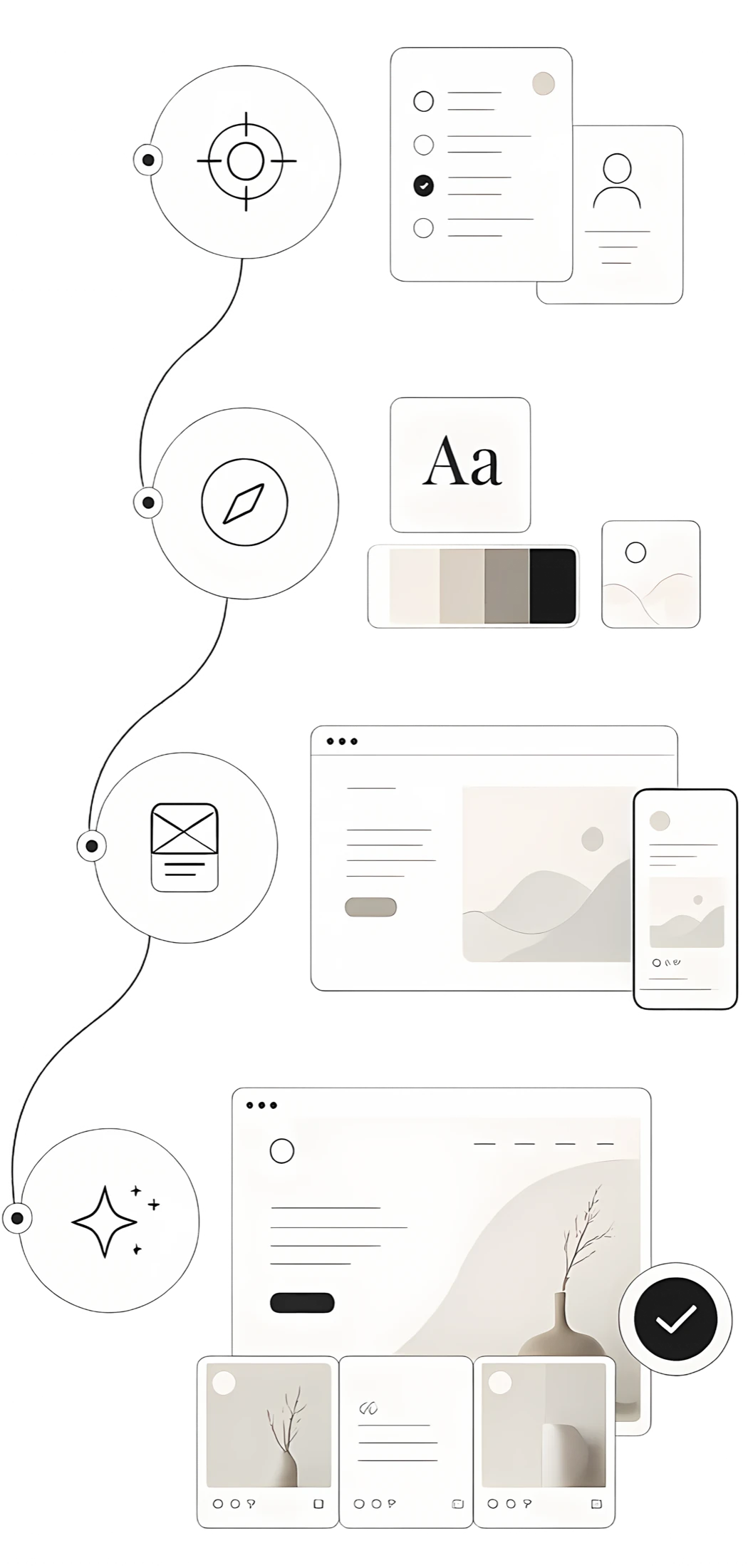 Visuelle Darstellung des Design-Prozesses mit Klarheit, Richtung, Umsetzung und Feinschliff