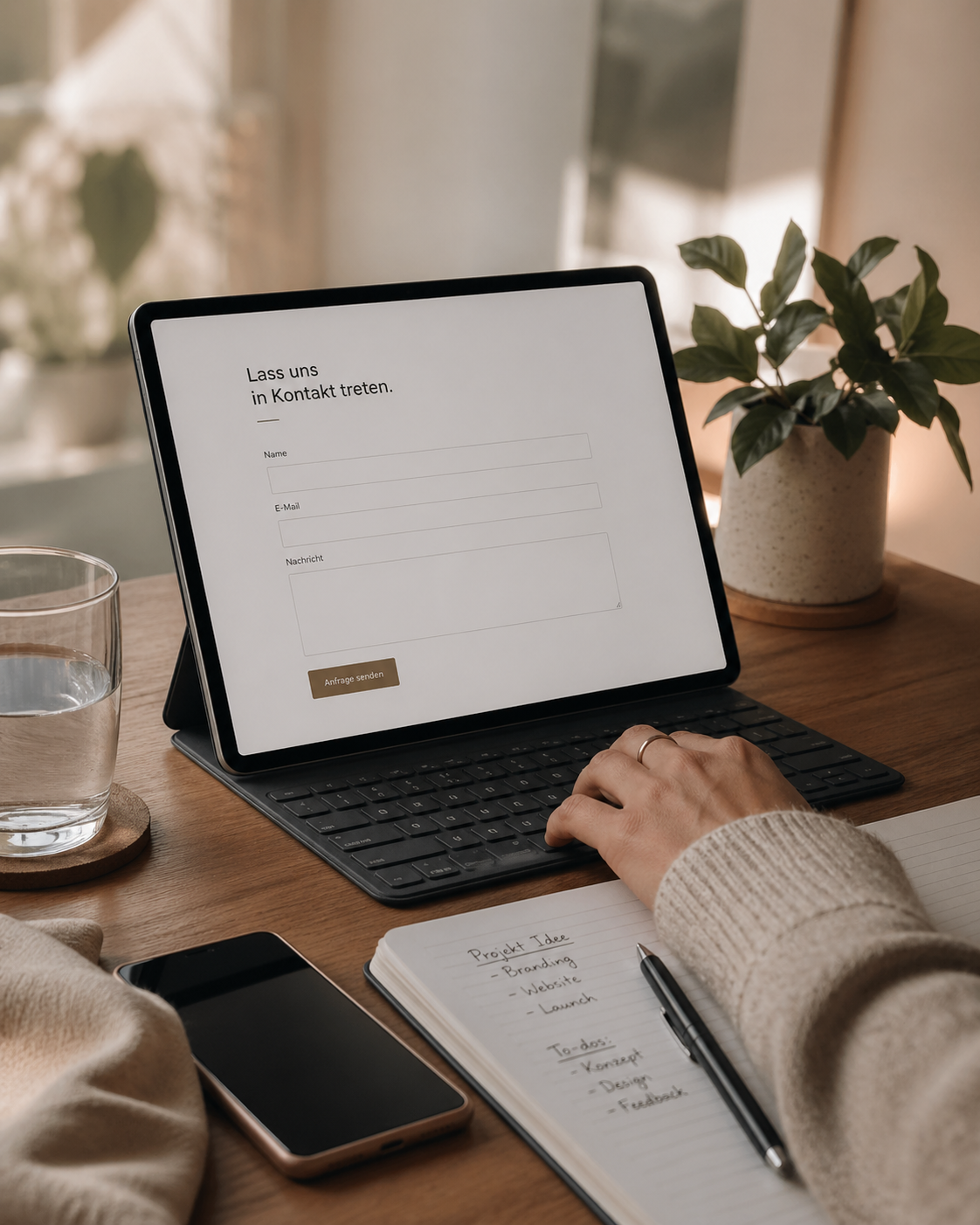 Kontakt-Mockup auf einem Tablet mit ruhigem Arbeitsplatz