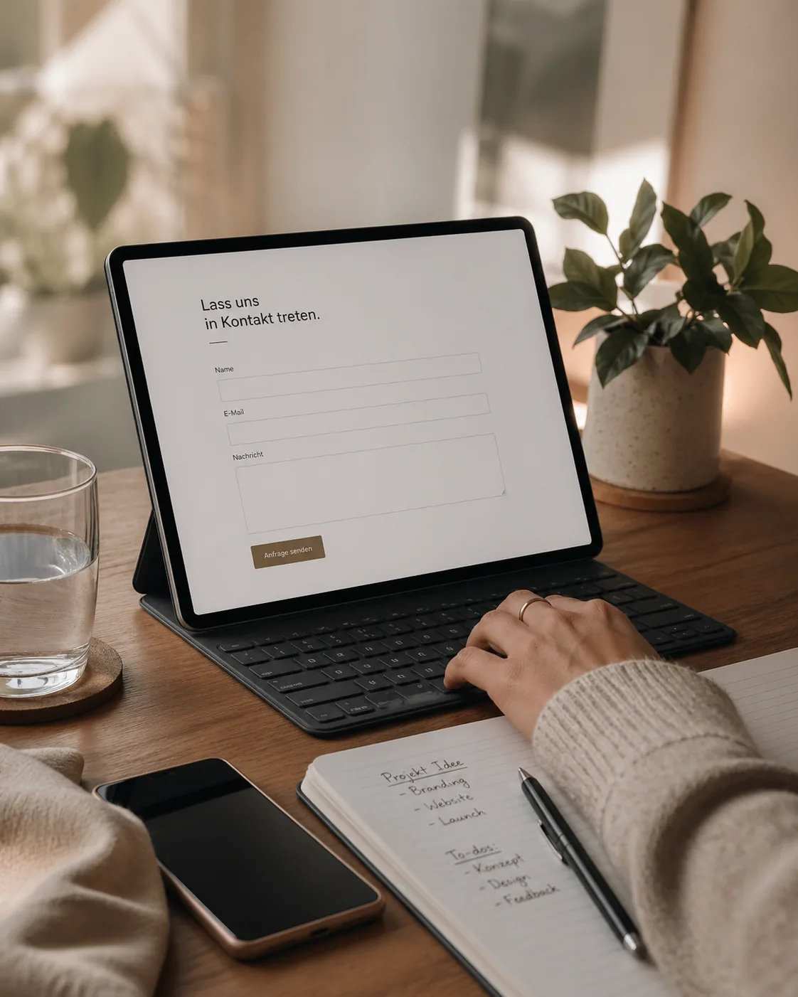 Kontakt-Mockup auf einem Tablet mit ruhigem Arbeitsplatz